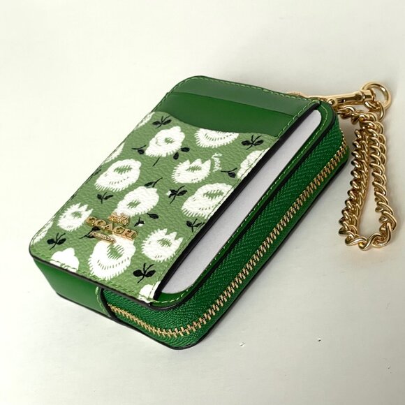 Coach Zip Card Case CBL79 Floral Print Kelly Green Multi Coated Canvas Chain - Picture 5 of 7